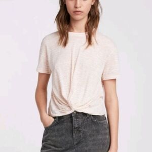 All Saints Carme Stripe Tee Womens Medium Beige White Knot Lightweight Neutral